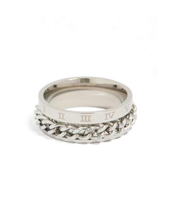 Showcasing a mens waterproof stainless steel chain ring with roman numeral detail in silver front view