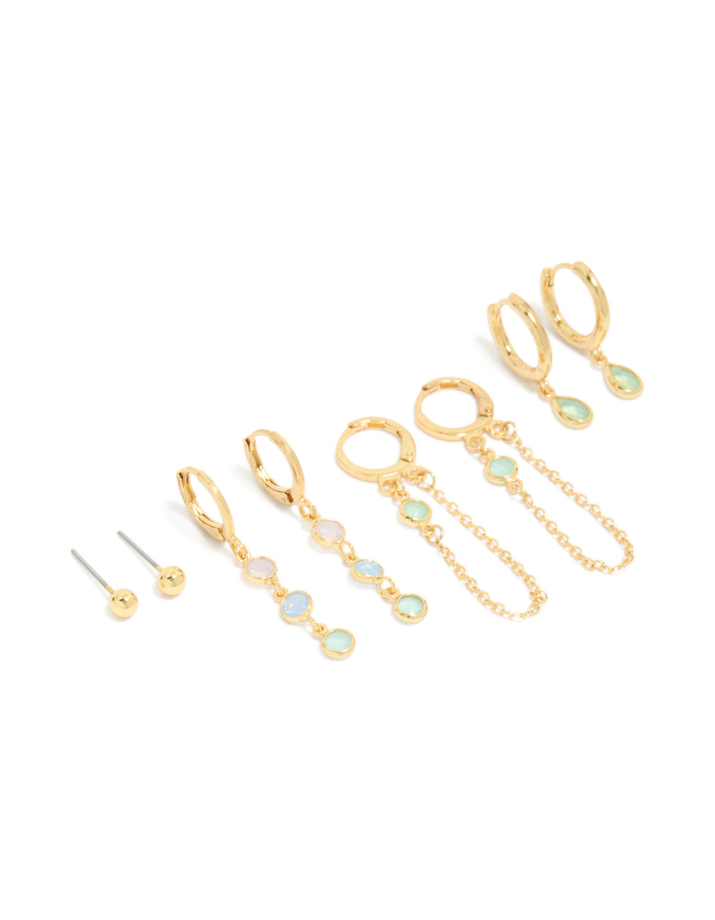 Showcasing dainty stacker earrings crafted from gold plated cubic zirconia with crystal accents in lilac and blue, featuring huggie, and stud closures as a 4-pack front view