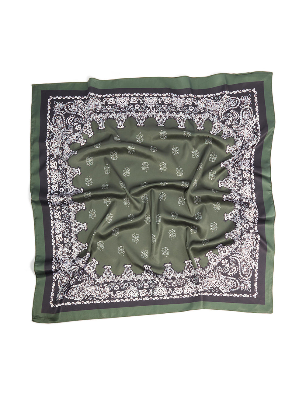 Featuring an olive green deco paisley fabric scarf with white and grey details detail view