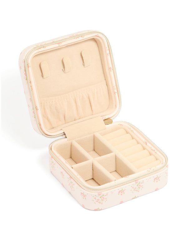 Pink Floral PU Leather Square Jewellery Box