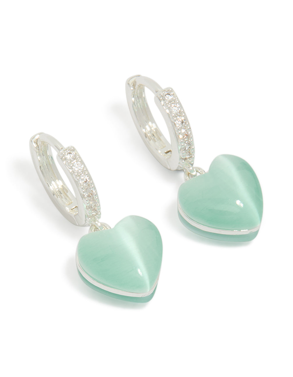 Discover silver plated pave blue heart drop earrings with a hoop closure in pale turquoise front view