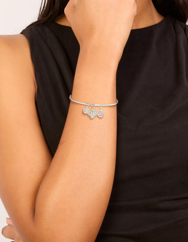 Silver Plated Cubic Zirconia Clover Charm Toggle Bracelet