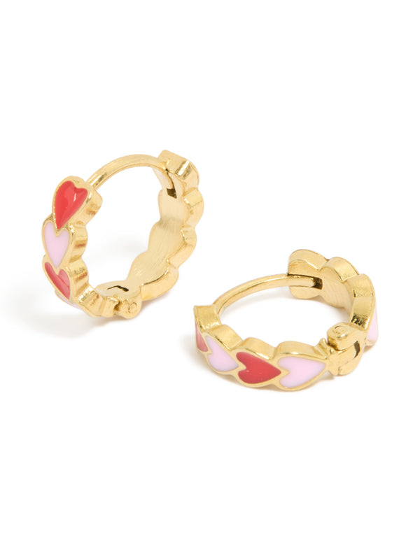 Showcasing waterproof heart huggie earrings crafted from gold plated stainless steel with red and pink enamel in Huggie closure front view
