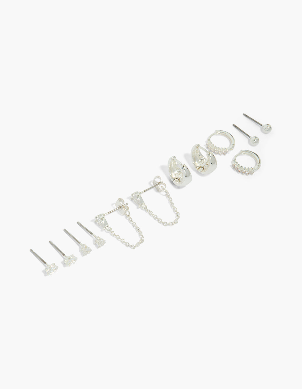 Showcasing silver plated huggie and stud ball earrings 6-pack with in chunky style featuring hoop and stud closures front view