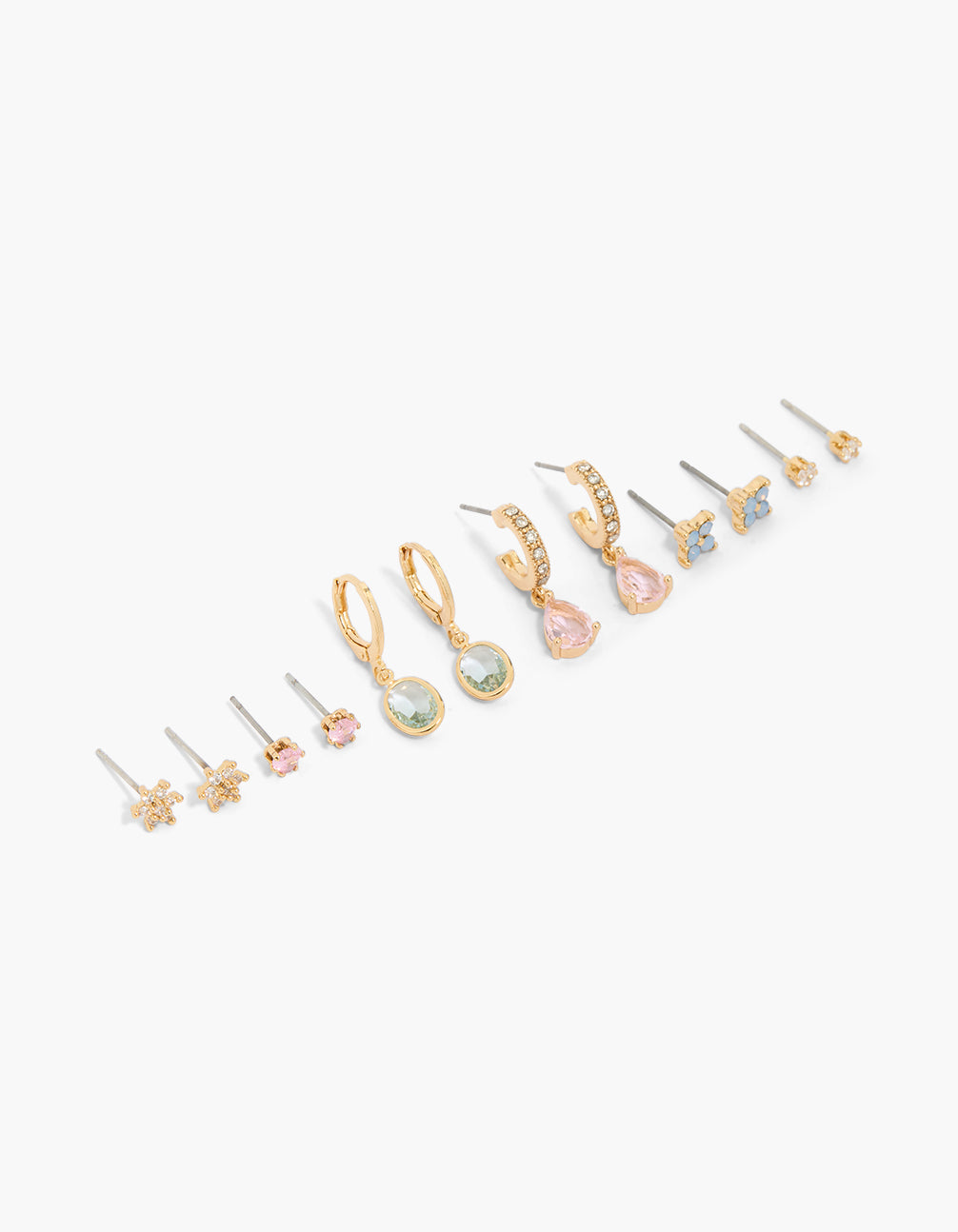Discover this charming gold plated multicoloured cubic zirconia earrings 6-pack flower feature, stud closure in silver, light pink, light blue, and white front view