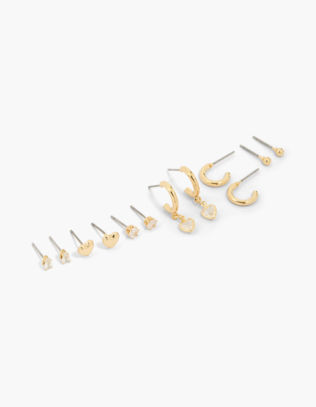 Showcasing gold plated cubic zirconia heart hoop and stud with ball earrings 6-pack featuring crystal front view