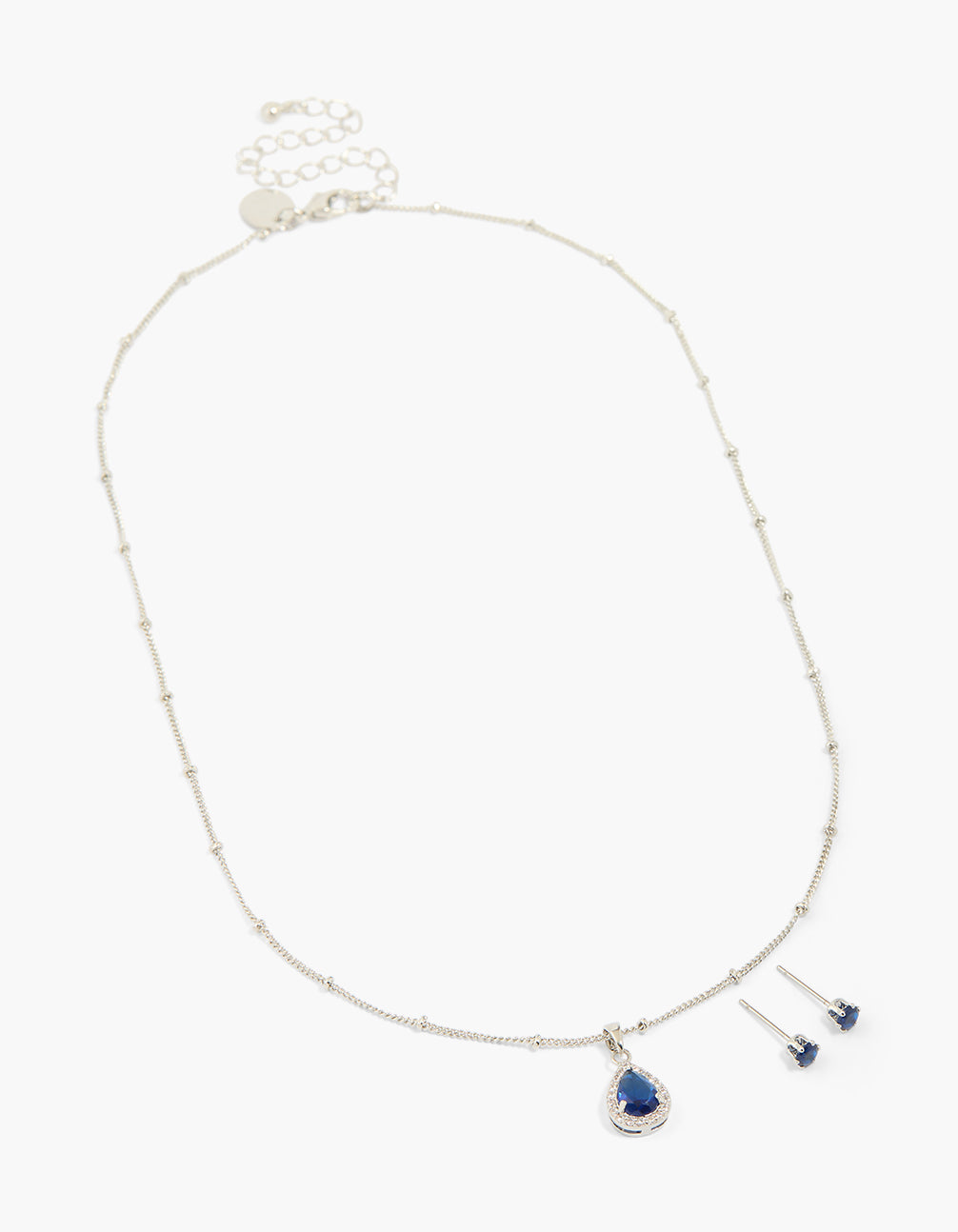 Silver Sapphire Cubic Zirconia Teardrop Earrings & Necklace Set