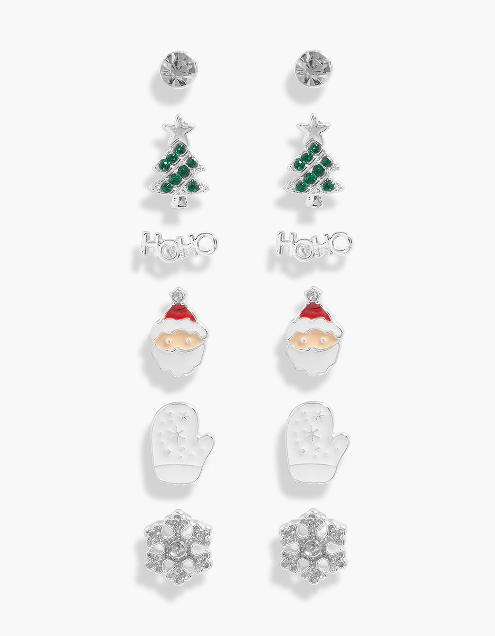Kids Silver Ho Ho Ho & Diamante Stud Earrings 6-Pack