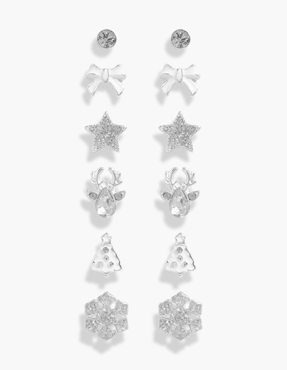 Featuring animal, stud earrings with bow,star, glitter, snowflake, tree designs in clear, 6-pack front view