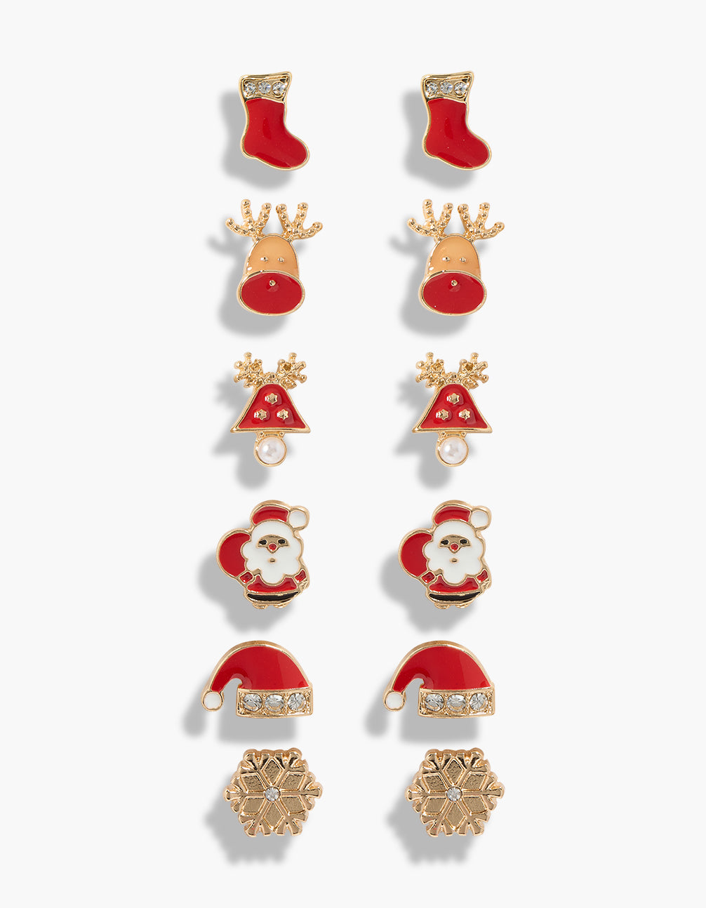 Featuring kids Santa, snowflake, pearl and animal reindeer stud earrings in a 6-pack in a gold color front view