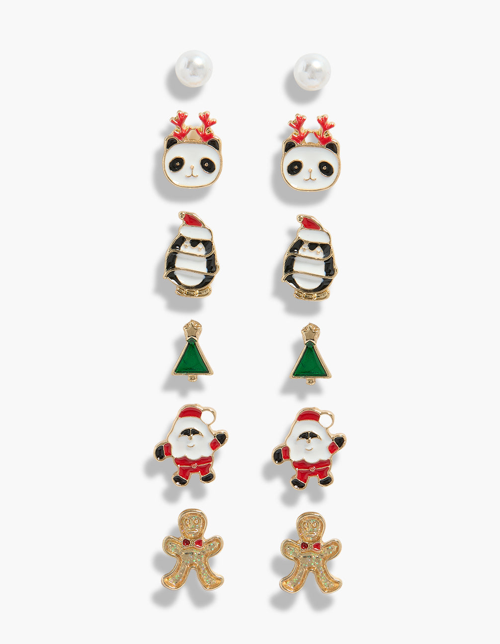 Showcasing kids gold Santa and panda earrings 6-pack featuring charm designs with animal motifs, tree shapes, food-inspired gingerbread man, pearl studs, and stud closure in white, red, and green front view