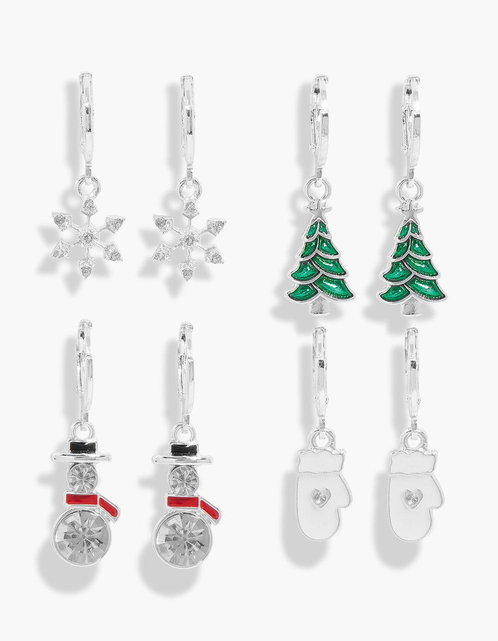 Kids silver snowman, tree, mittens with heart and snowflake huggie earrings 4-pack in green, red, and white front view