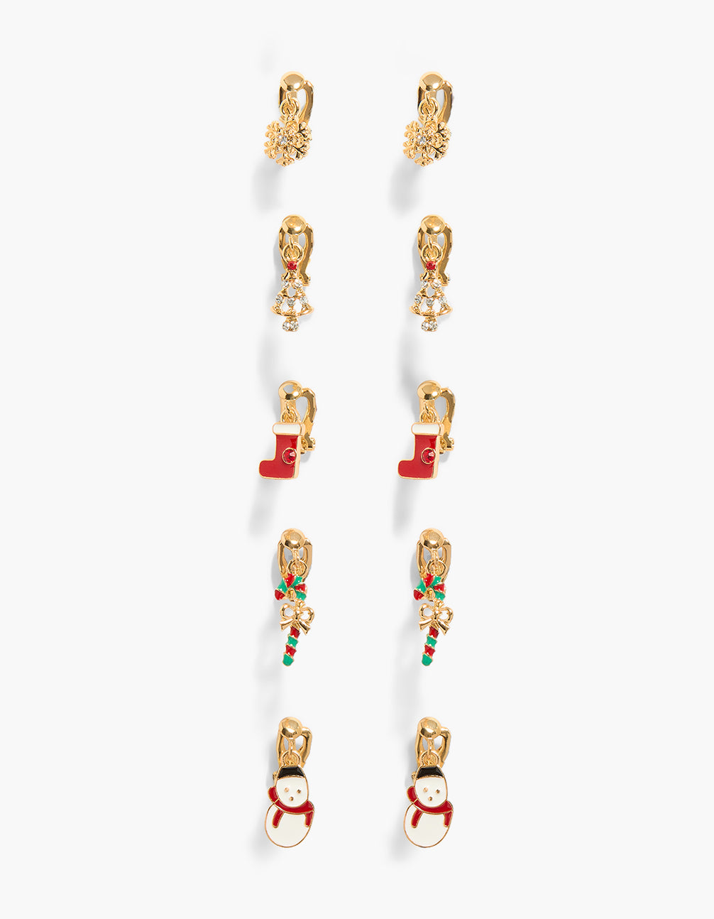 Kids Gold Stocking & Candy Cane Charm Clip On Earrings 5-Pack