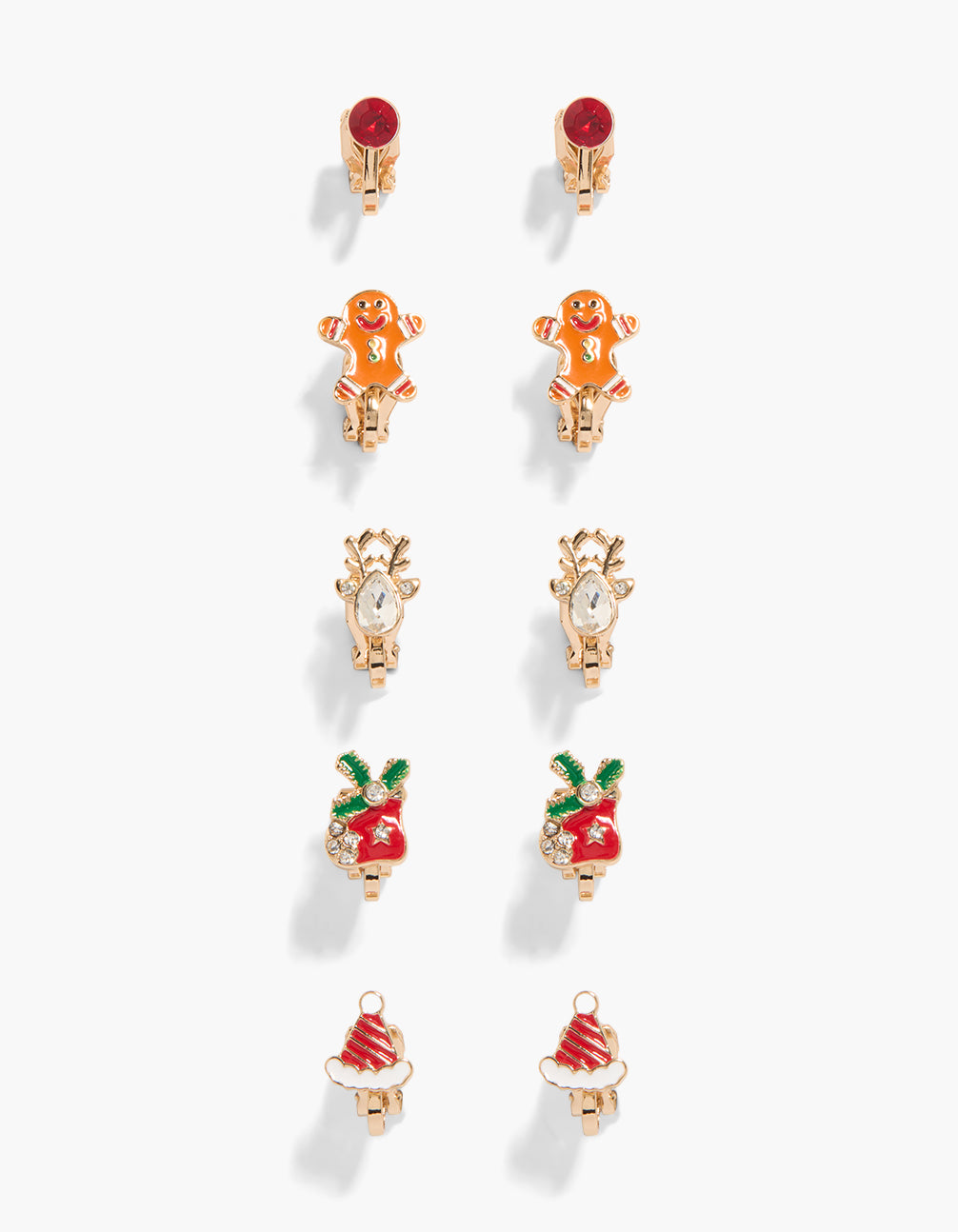 Showcasing kids gold gingerbread man, Santa cap clip on earrings in a 5-pack front view