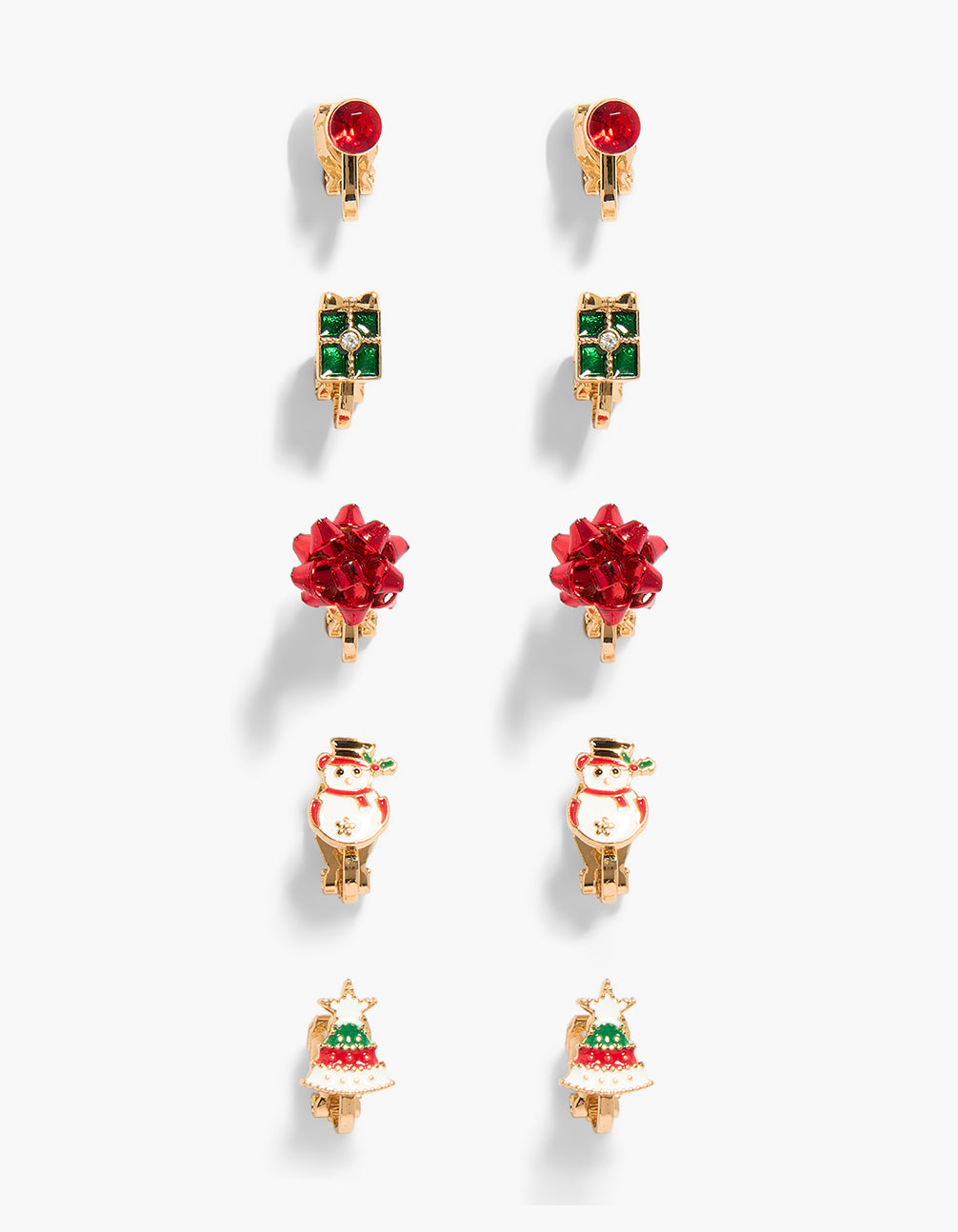 Kids Gold Snowman & Present Bow Clip On Earrings 5-Pack