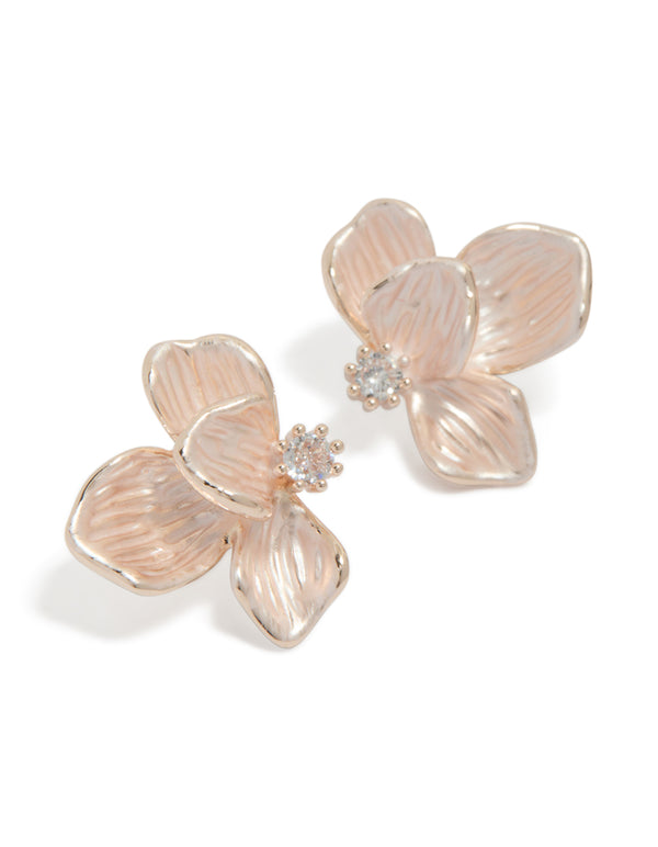 Beautifully crafted rose gold plated cubic zirconia half flower stud earrings front view