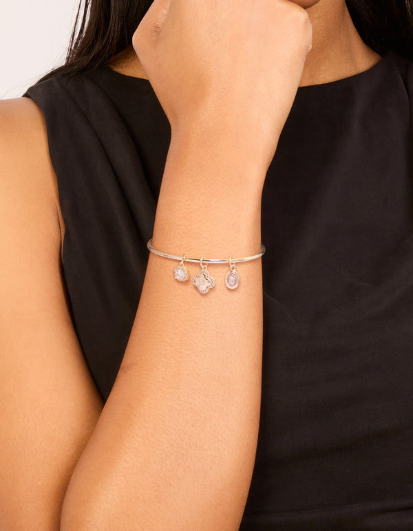 Rose Gold Plated Cubic Zirconia Flower Charm Toggle Bangle