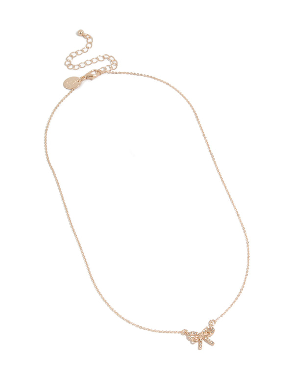 Crafted with rose gold dainty diamante bow pendant necklace close up view