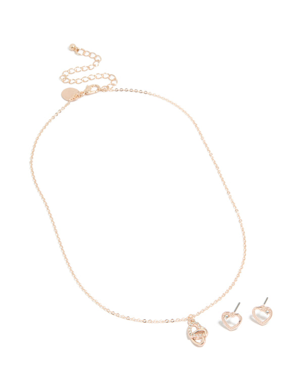 Rose Gold Heart Link Diamante Necklace & Earrings Set