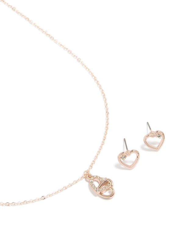 Rose Gold Heart Link Diamante Necklace & Earrings Set