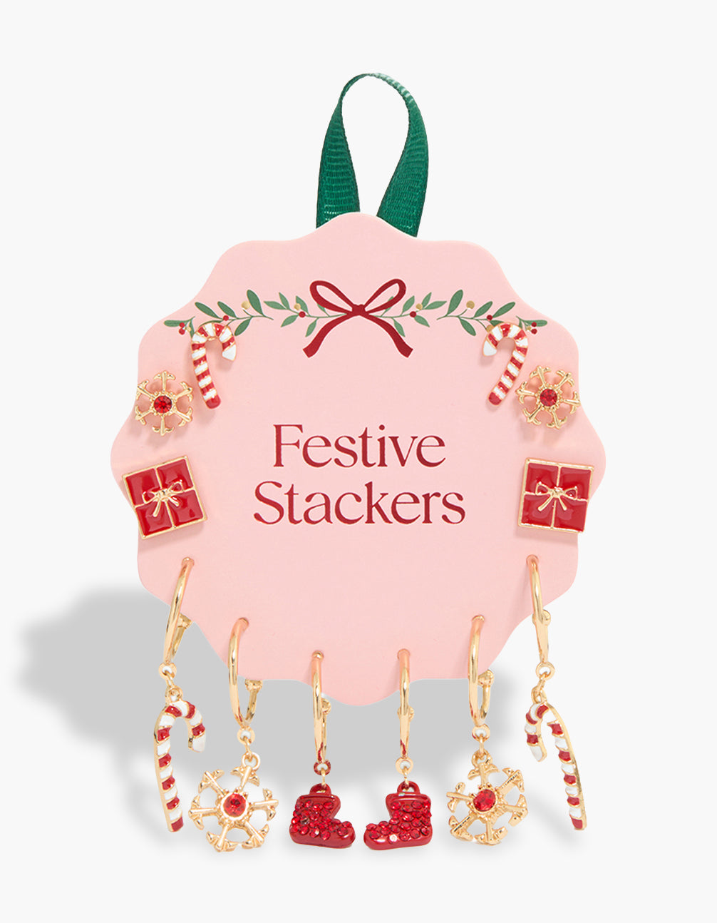 Festive stackers featuring gold red diamante snowflake and present detail earrings in a 6-pack front view