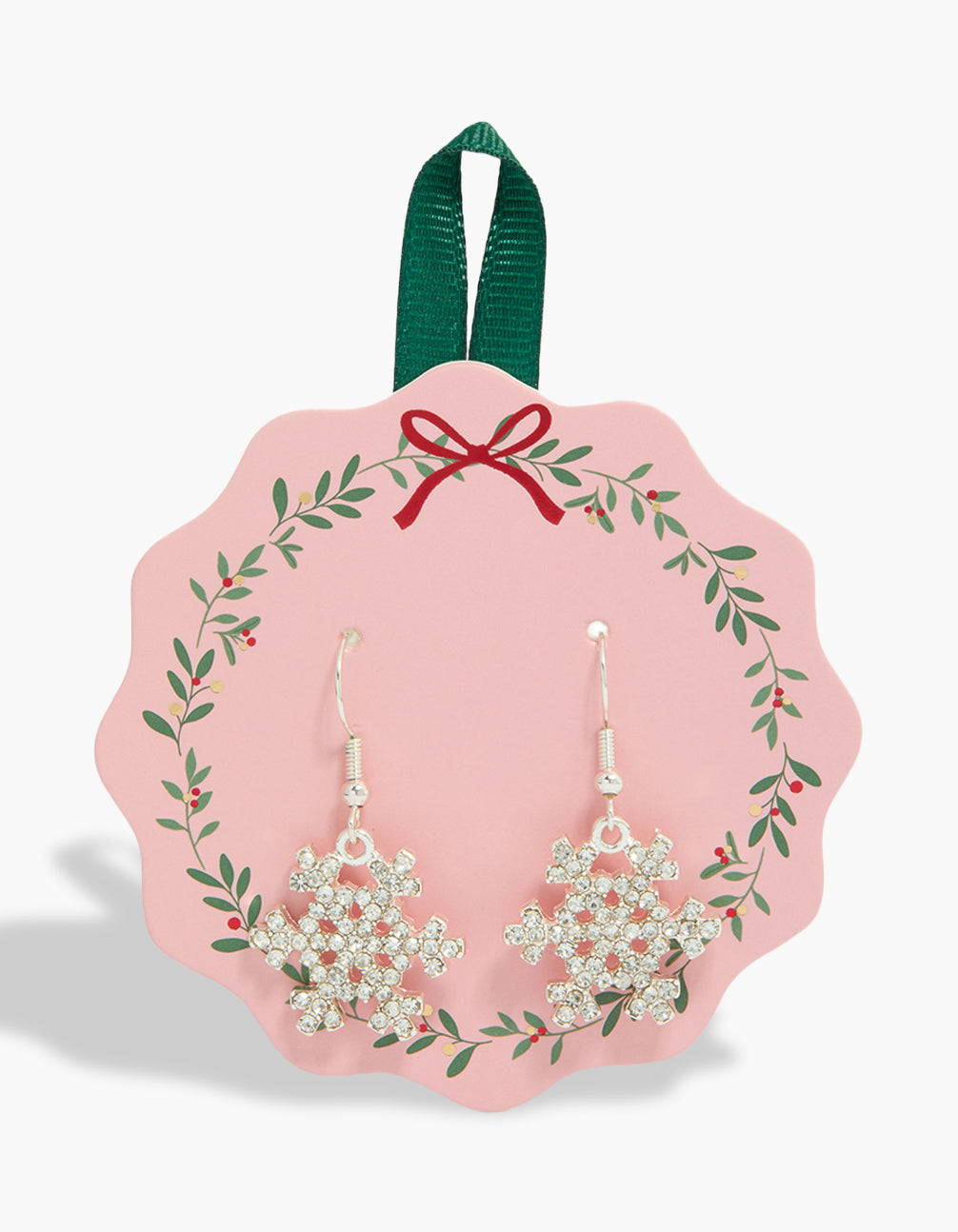 Showcasing statement drop earrings featuring snowflake design with diamante embellishments in silver front view
