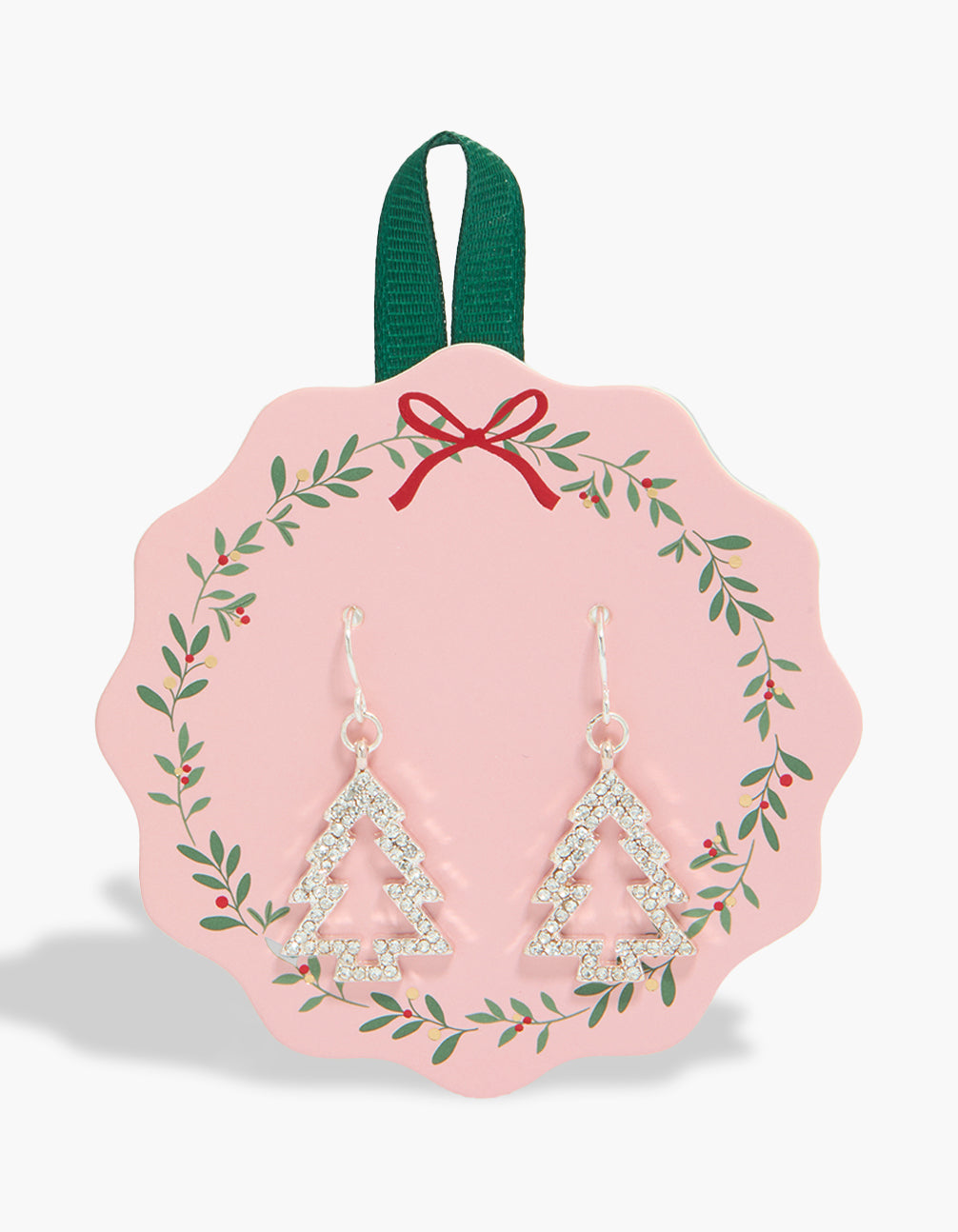 Showcasing silver diamante tree outline earrings on festive packaging front view