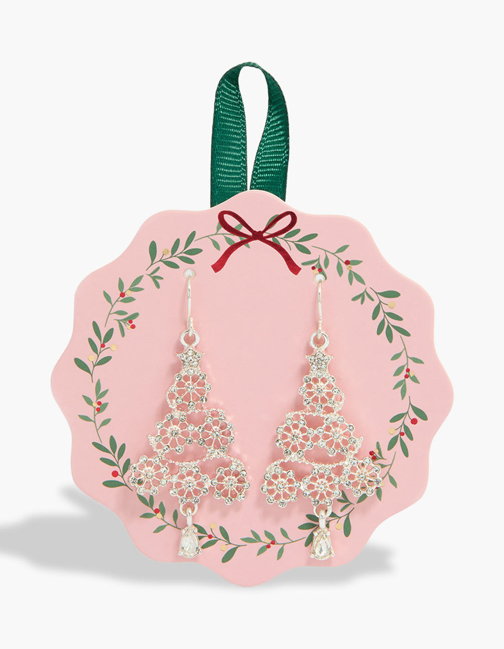 Showcasing silver diamante snowflake drop earrings making a Xmas-tree detail front view