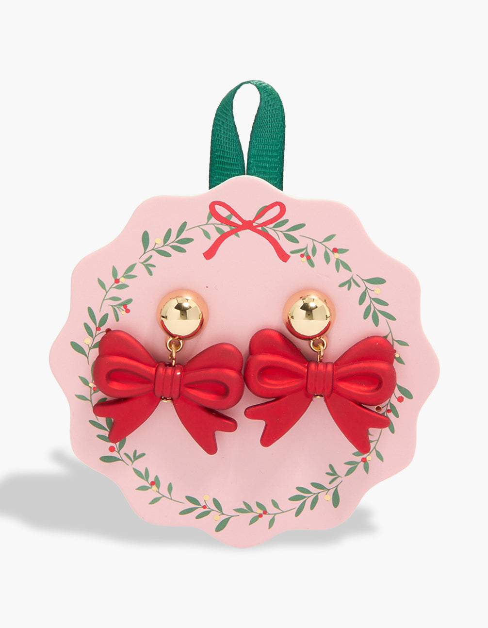 Showcasing gold red pearlised bow earrings front view