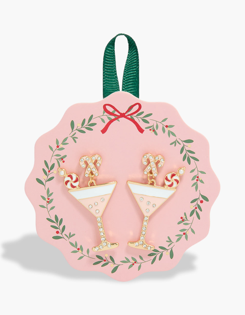 Showcasing statement gold candy cane cocktail earrings featuring pearl and drink elements front view