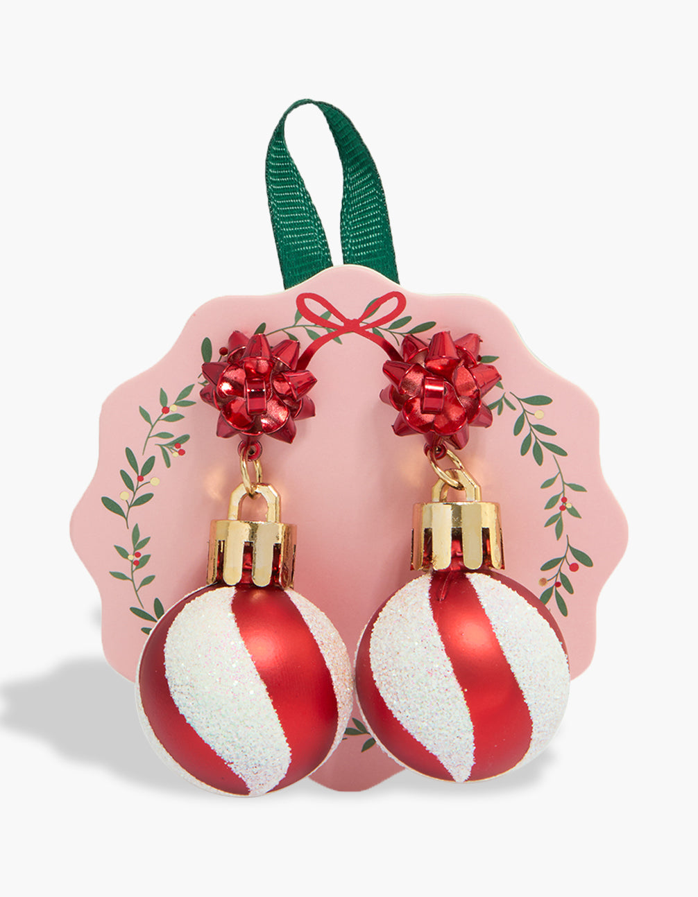 Festive gold red ribbon bauble drop earrings featuring bow with glitter front view
