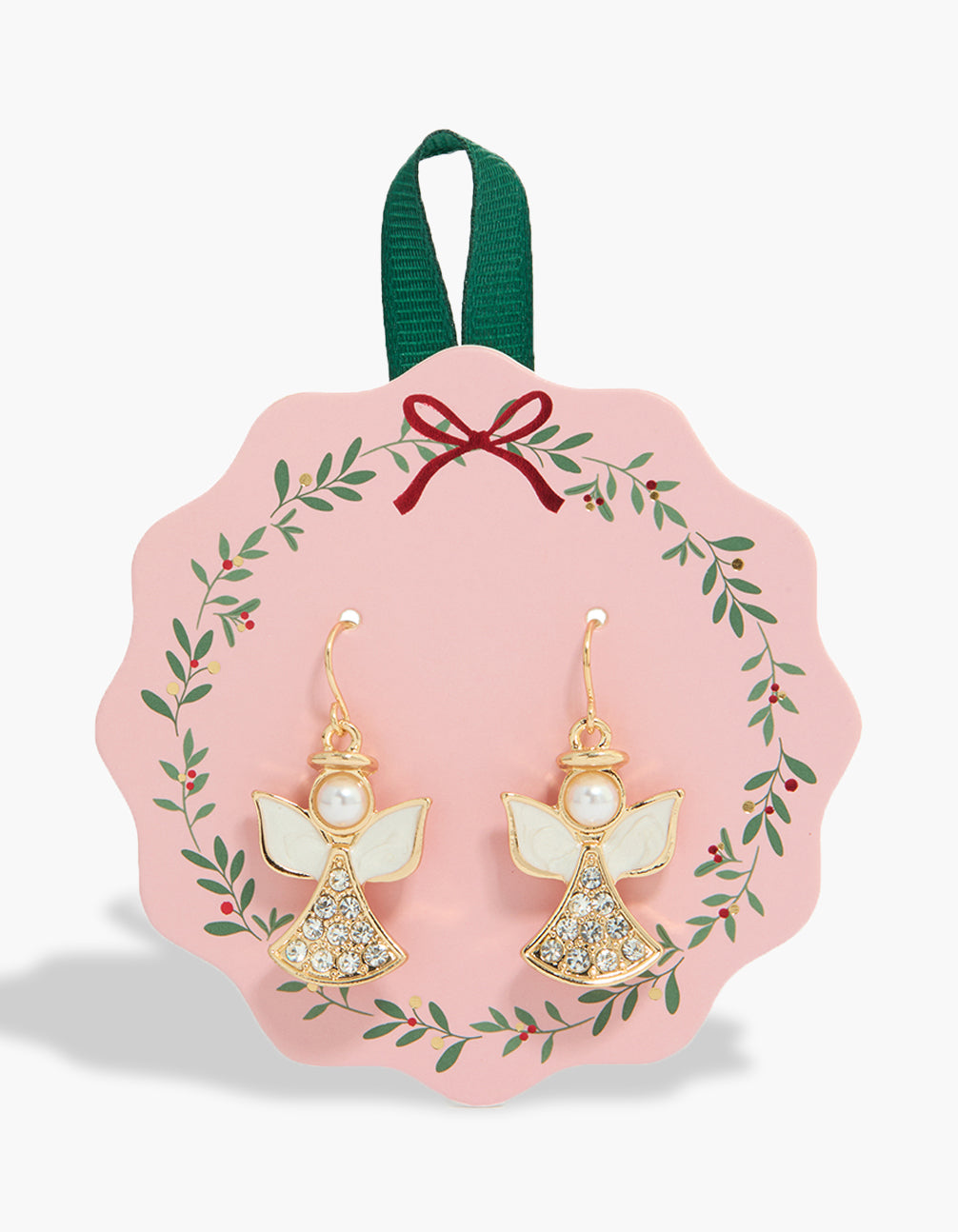 Elegant drop earrings in gold featuring angel with pearl and cubic zirconia details front view