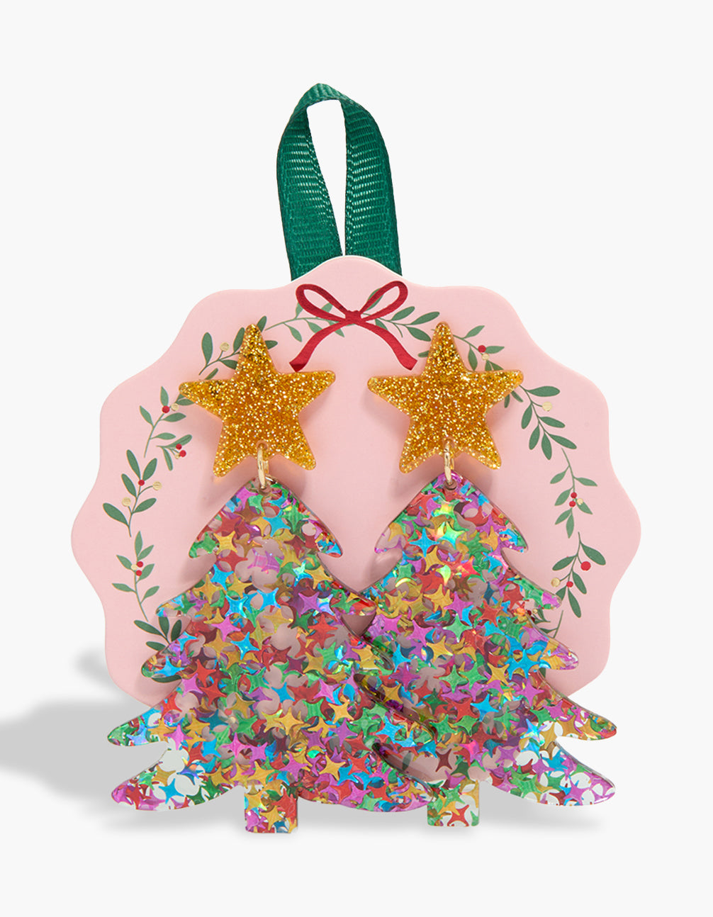 Festive gold glitter Christmas tree earrings with multicolored confetti accents front view