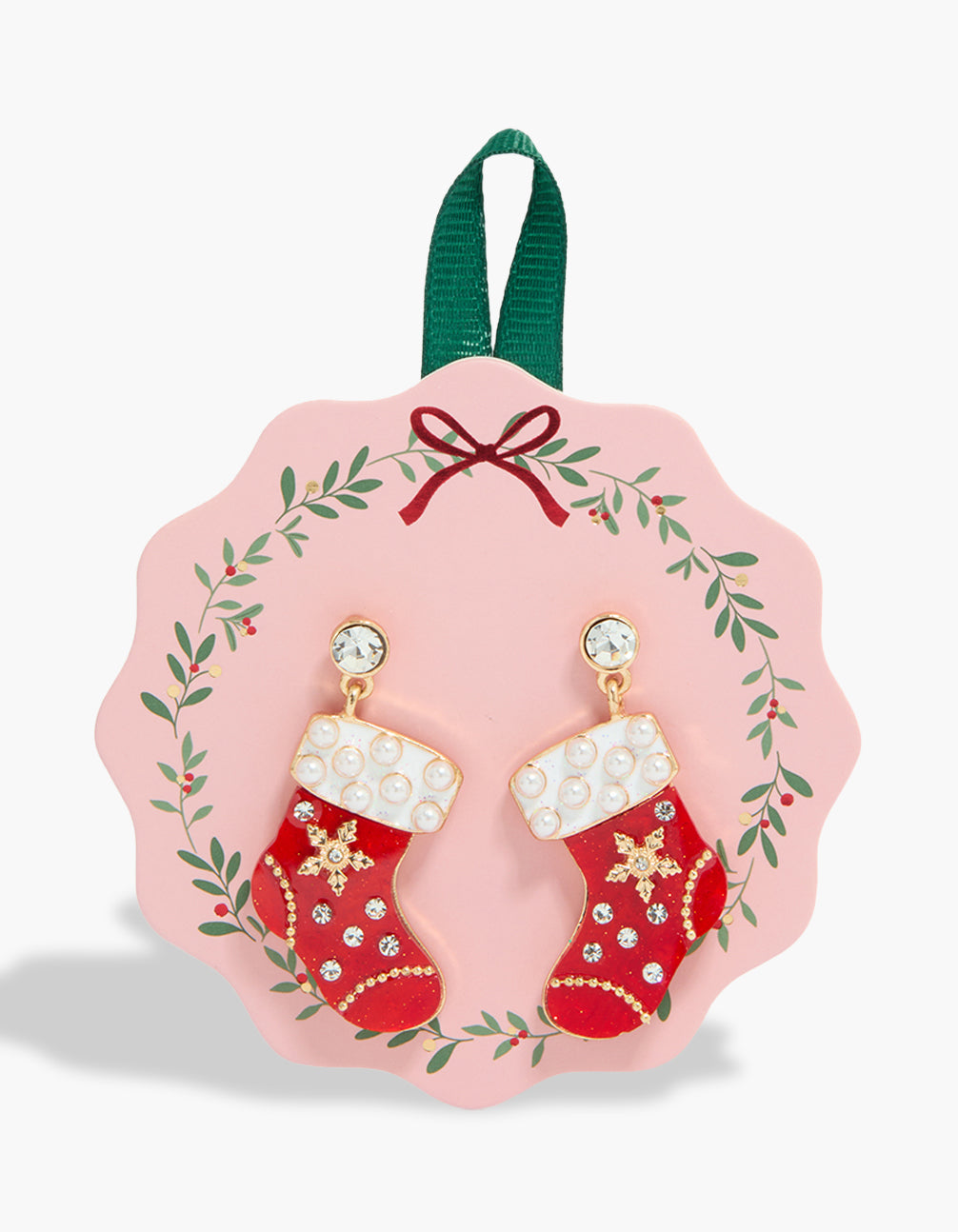 Discover red acrylic stocking drop earrings featuring pearl, snowflake details in statement style, white, clear and gold tones front view