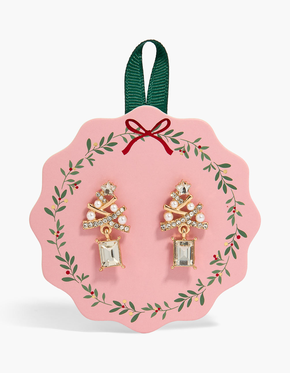 Gold Diamante & Pearl Xmas Tree Drop Earrings