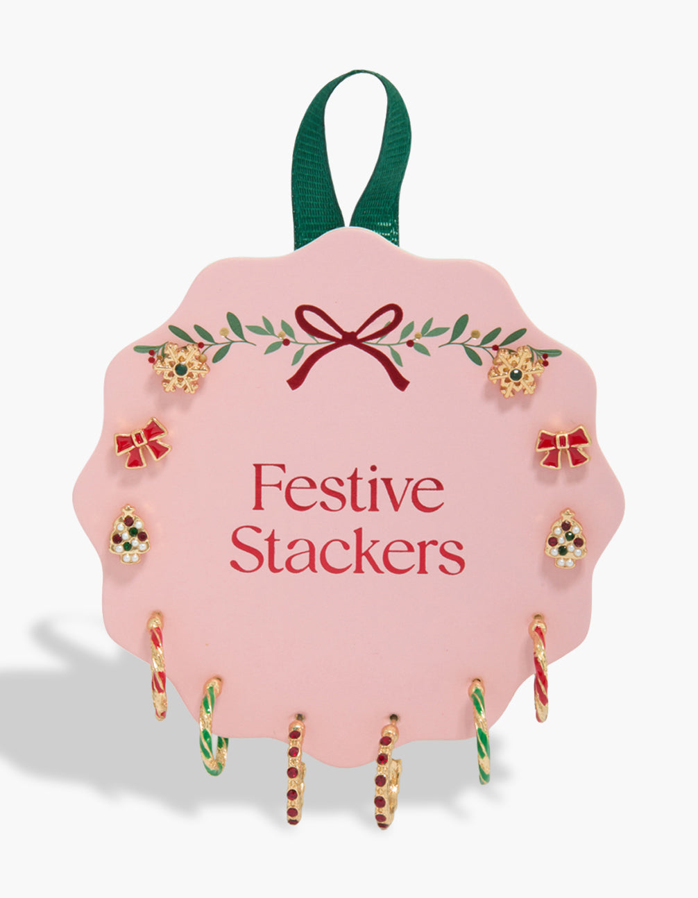 Festive stud earrings 6-pack featuring gold snowflake, red bow and tree with pearl designs in a stud closure front view
