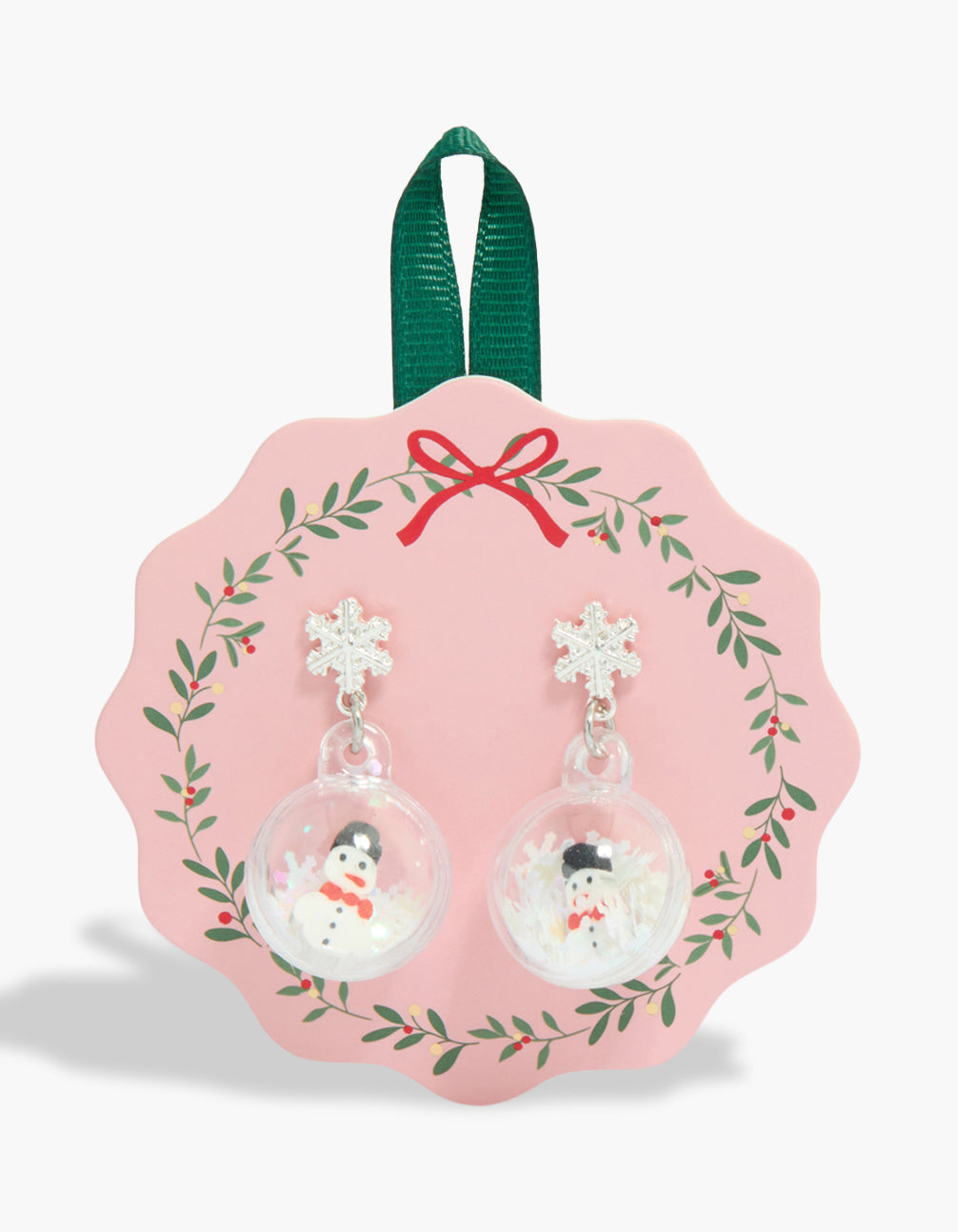 Showcasing silver snowman and snow globe earrings featuring bow detail, glitter finish, and stud closure front view