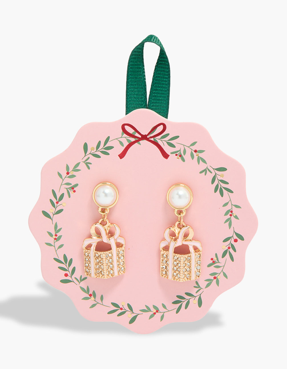 Featuring gold pearl and diamante present earrings with bow details front view