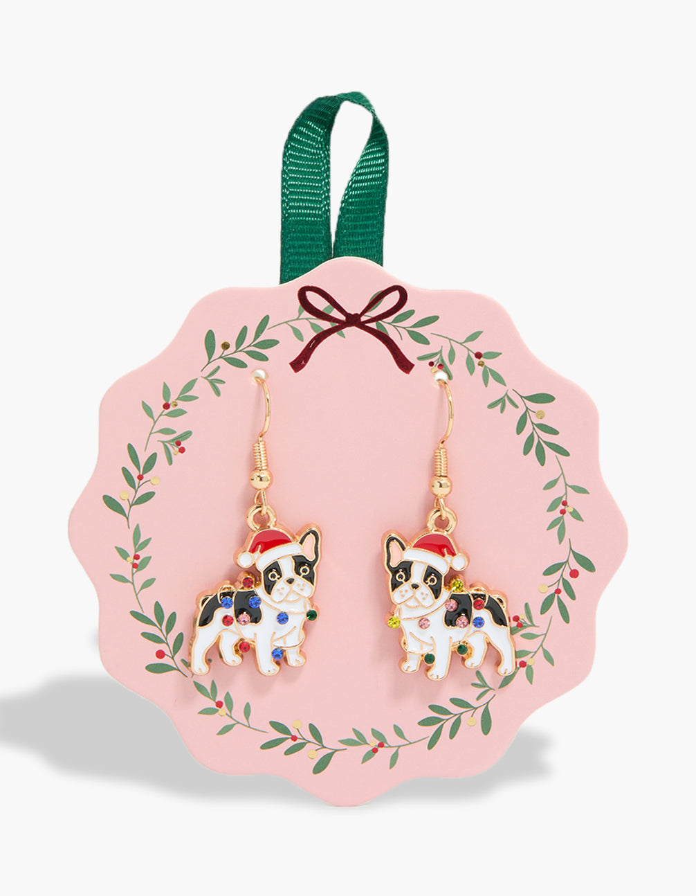 Featuring gold Santa hat French bulldog earrings with statement style dog detailing front view