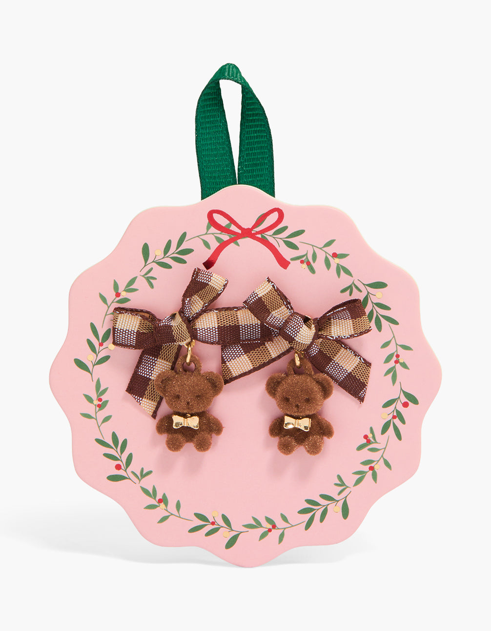 Gold Brown Gingham Bow & Bear Earrings