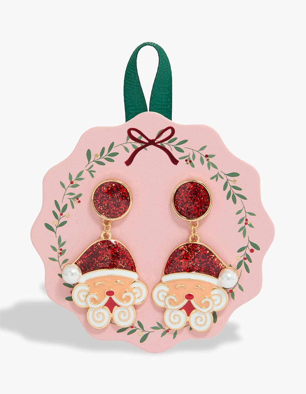 Showcasing Gold Curly Beard Santa Earrings featuring pearl and glitter with red, white and peachpuff front view