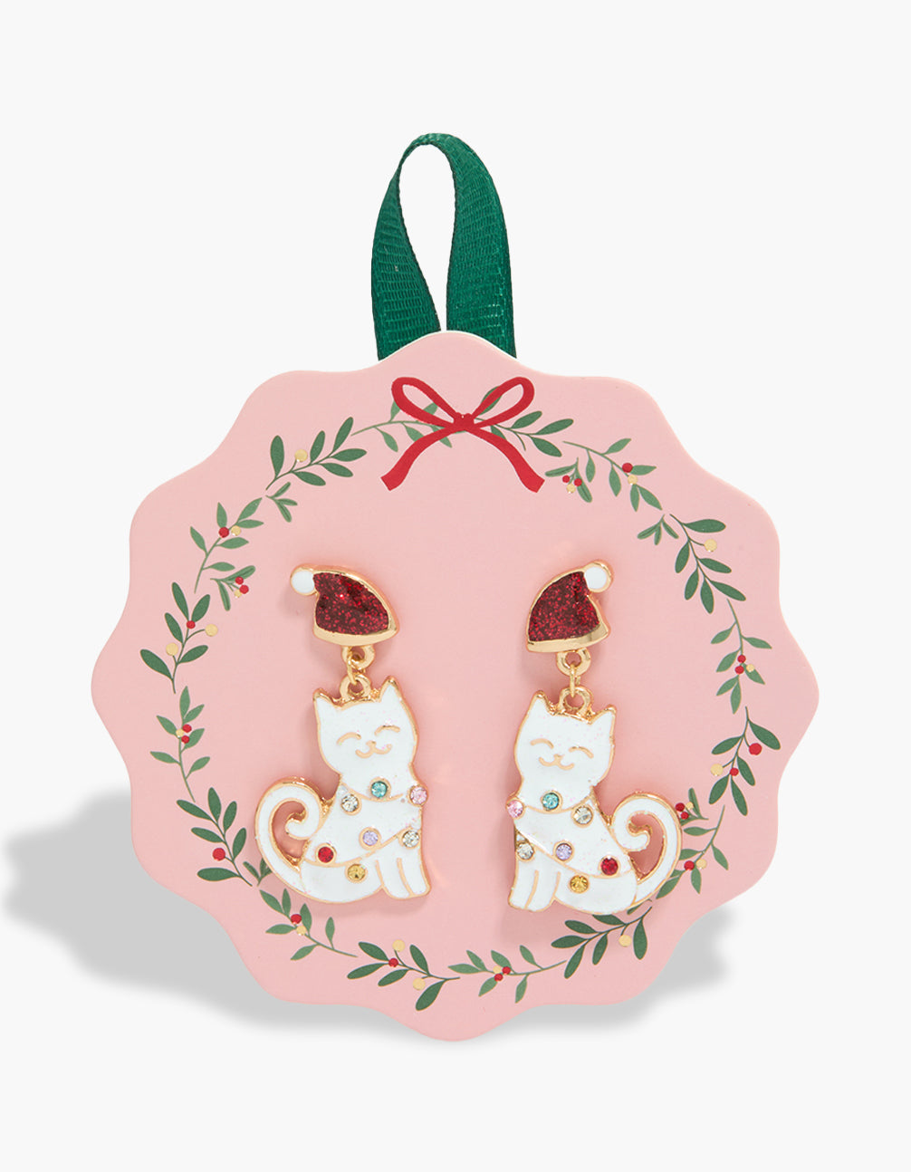 Discover statement earrings featuring a cat animal with Santa hat, crafted in gold with glitter accents and white, red, crimson details front view