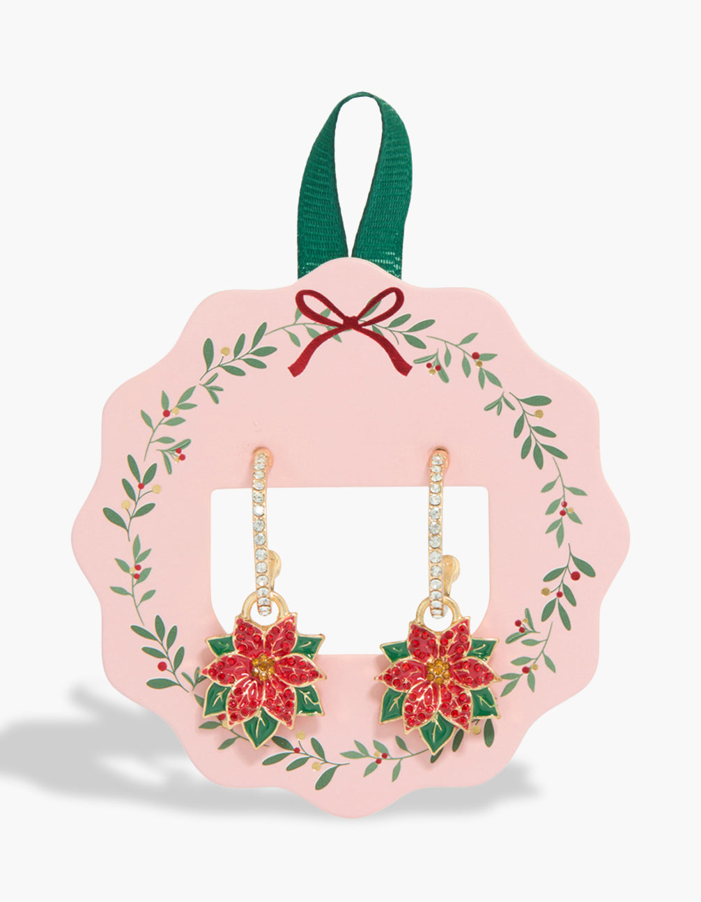 Showcasing gold poinsettia earrings featuring floral design with glitter accents in red and green front view