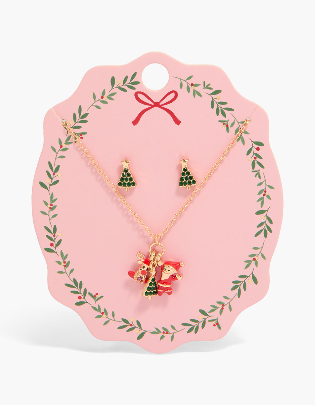 Gold Santa Reindeer Tree Necklace & Earrings Set