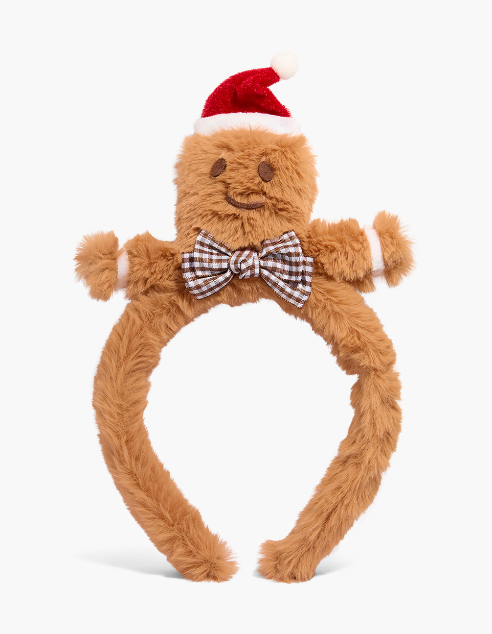 Festive gingerbread man headband featuring bow, solid print in brown, red, white and peru front view