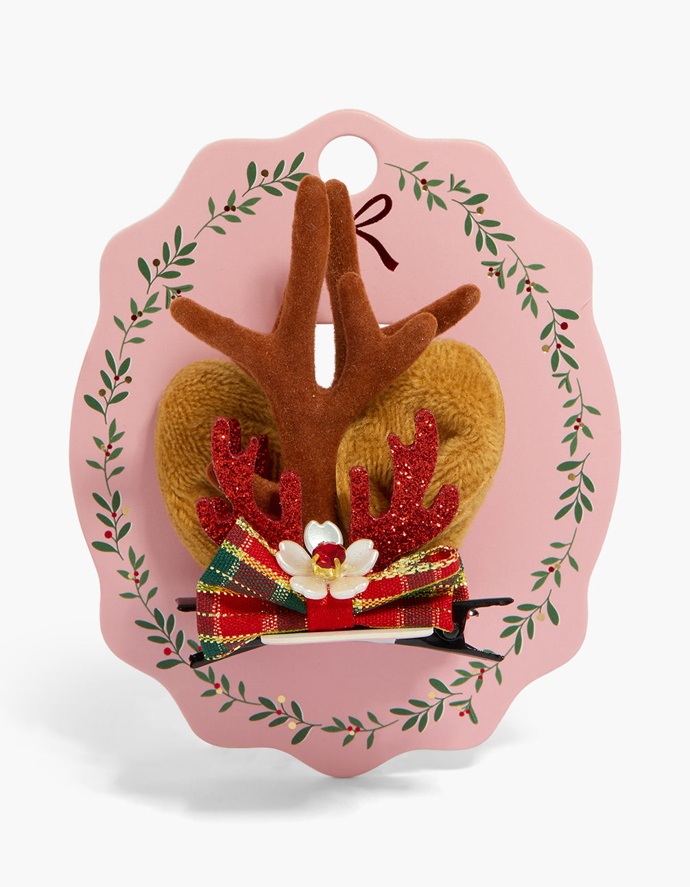 Explore this reindeer bow hair clip featuring animal with glitter accents in saddle brown, red, goldenrod, and dark green tones front view
