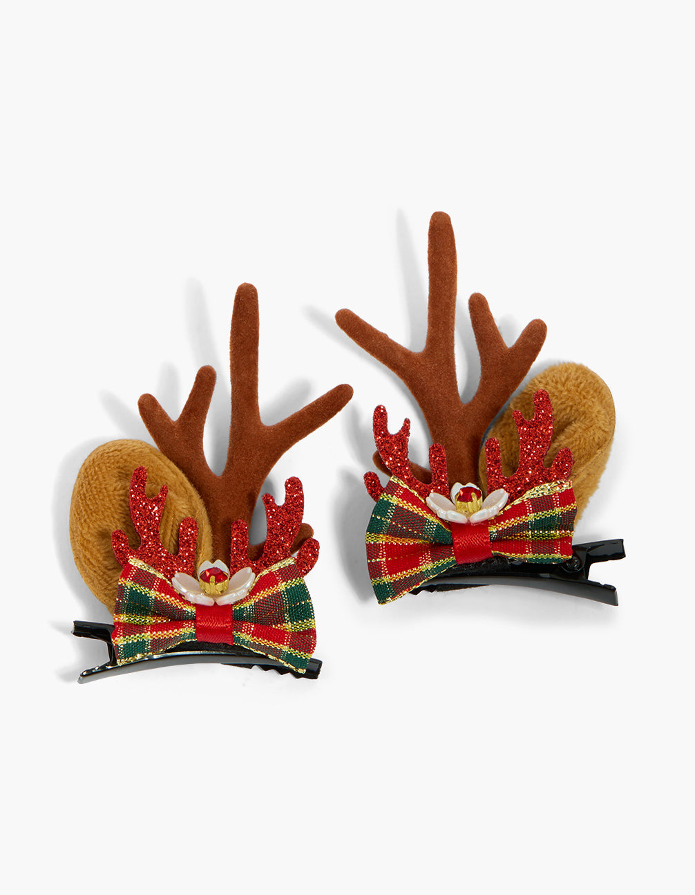 Charming reindeer bow hair clip with animal, glitter embellishments in saddle brown, red, goldenrod, and dark green detail view