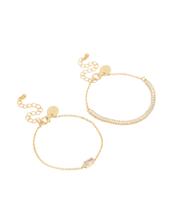 Showcasing a gold plated cubic zirconia marquise baguette bracelets pack front view