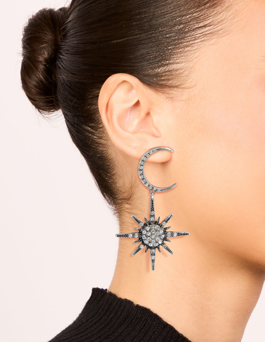 Elegant antique silver diamante moon drop earrings with celestial on ear view