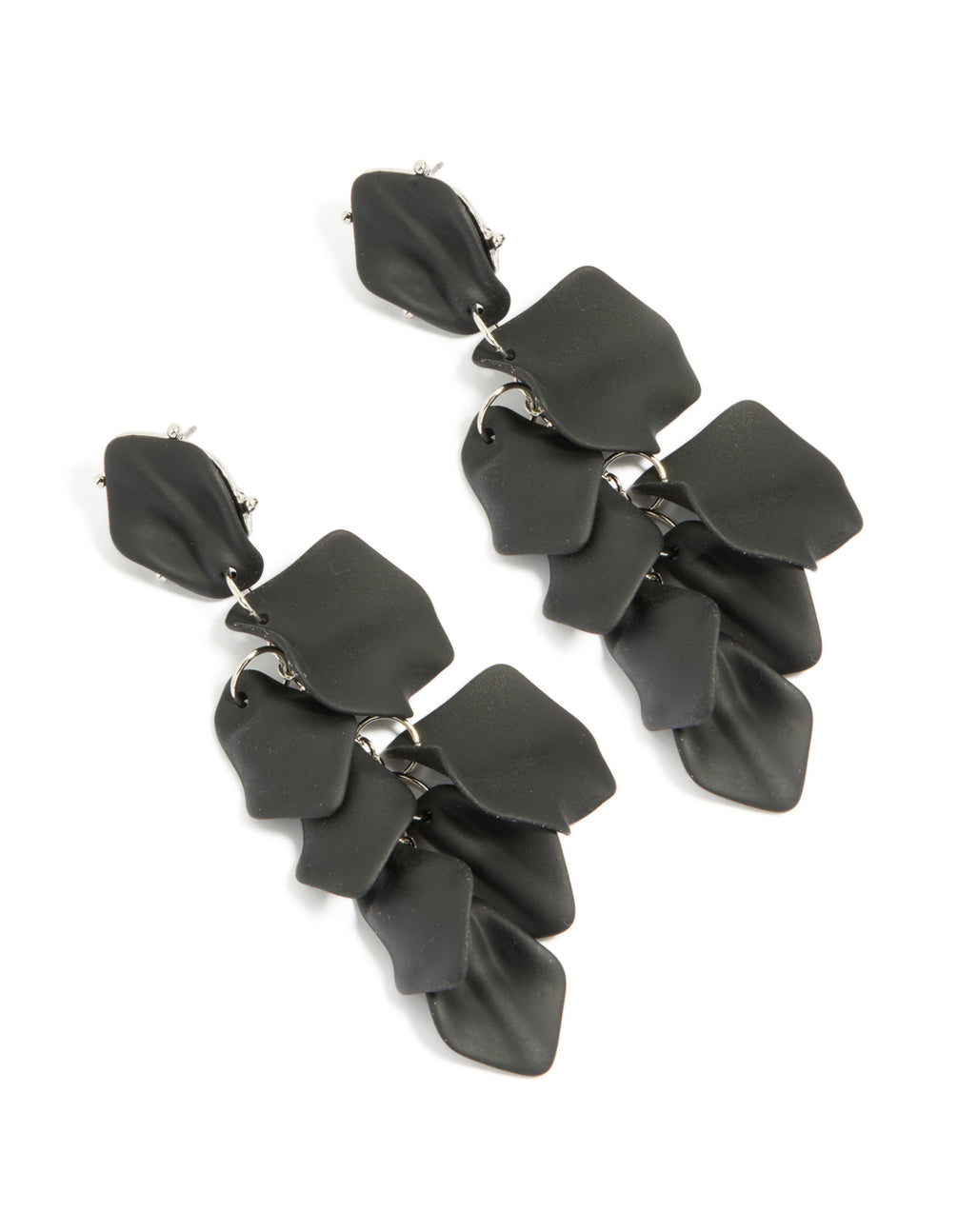 Showcasing statement drop earrings with petal design in black coated metal featuring silver accents front view